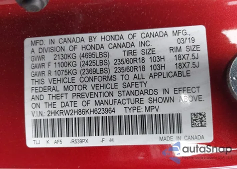 2019 Honda Cr-V Ex-L из США, поврежденный, VIN 2HKRW2H86KH623964